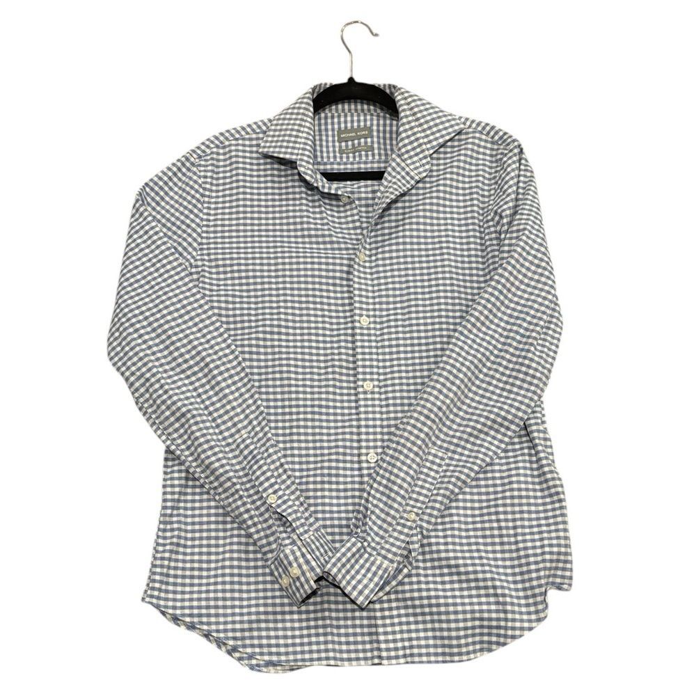 Men's Stretch Checkered Blue Long Sleeve Dress Shirt by Michael Kors -15-15.5